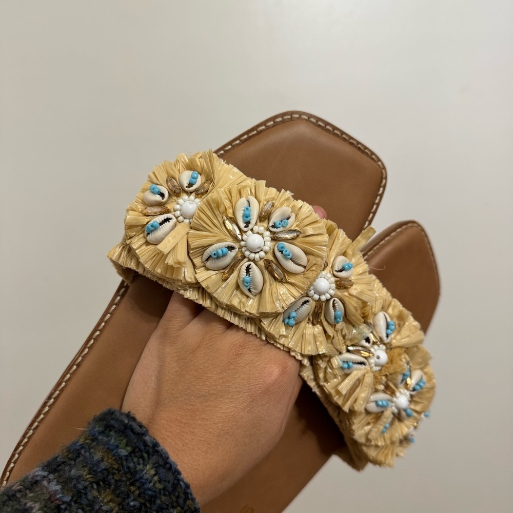 Chicos Raffia Seashell Beach Slide Sandals Size 8.5 - Picture 2 of 5
